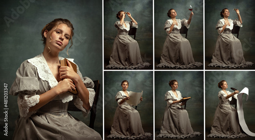 Set of vintage portraits of young beautiful girl in gray dress of medieval style isolated on dark background. Comparison of eras concept, flemish style.