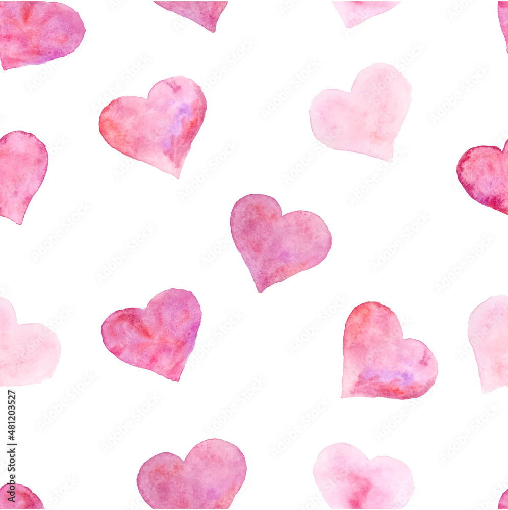 Watercolor painted hearts seamless pattern. Color background for valentines day. Vector