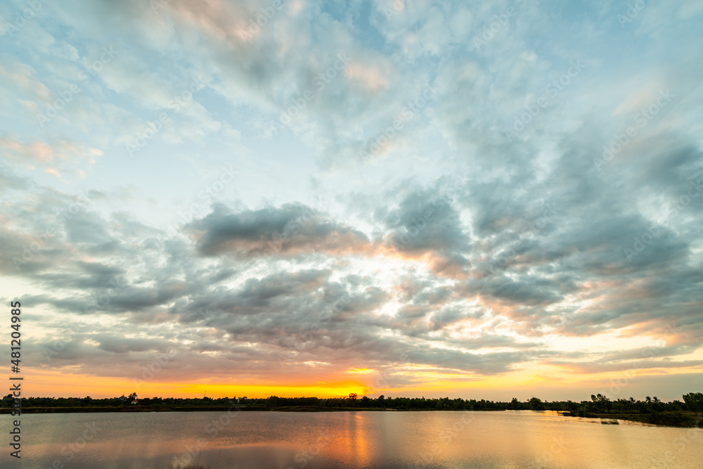 beautiful landscape view  with clouds in sunset time at reservoir