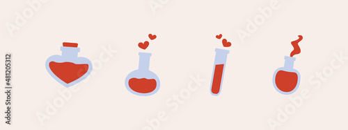 Set of cute bottle love potion and flask of magic elixir