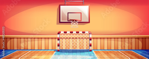 Cartoon school gym interior with gymnasium basketball court. Sport ground with wooden floor, hoop and football goal. Soccer arena for active games and exercises. Empty training room with basket.