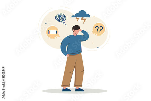 Flat young man with symptoms of depression disorder overhead. Tired exhausted character suffering anxiety, exhaustion, confusion or burnout syndrome. Adult with problems and low level of energy. photo