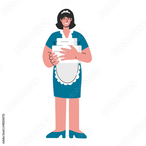 Maid in uniform holding stack towel.Cleaning service.Vector falt illustration