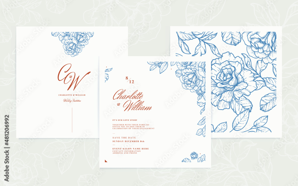 invitation card with flowers, wedding invitation set, vintage floral pattern 