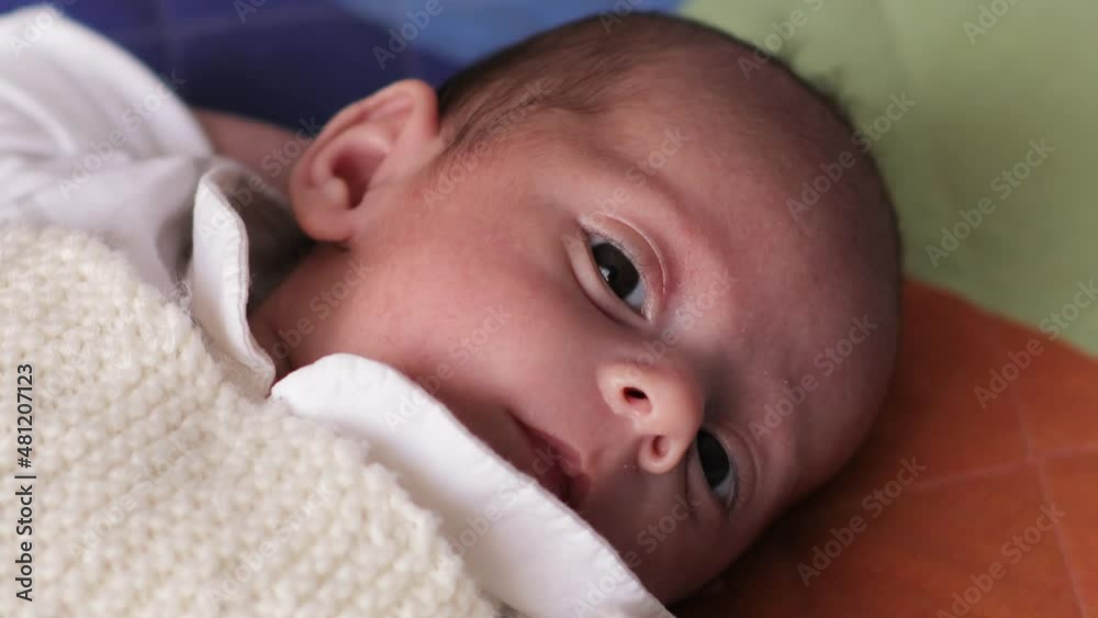 Close up view of a newborn baby looking to the camera while lying on his back on a bed. Close up view of a newborn baby looking to the camera while lying on his back on a bed.