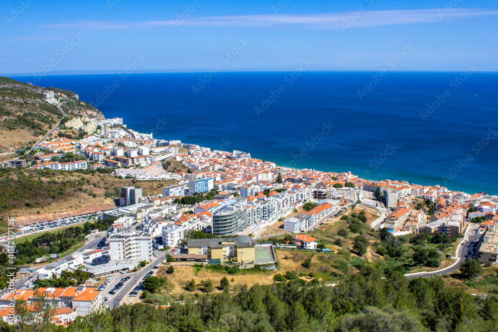 Aerial view of Sesimbra, Portugal. Town by the sea.