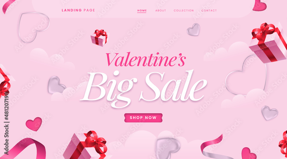 Valentine's day landing page, web template design 
