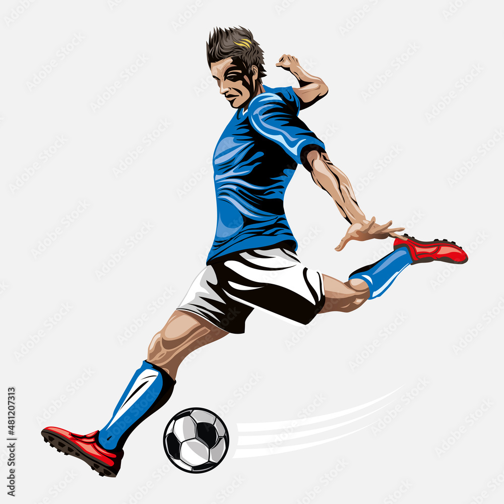 Soccer player with a blue uniform about to kick the football. Soccer concept design illustration. Soccer player with a blue uniform about to kick the football. Soccer concept design illustration.