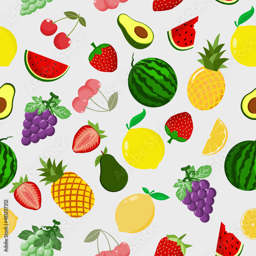 Fruit seamless pattern with watermelon, strawberry, pineapple, grapes,cherry,avocado and lemon,cute seamless pattern vector illustration.