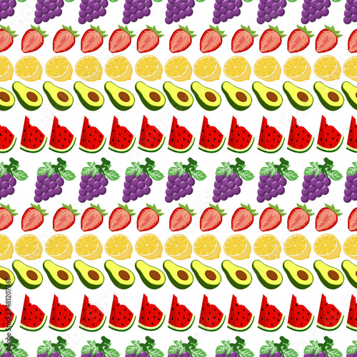 Fruit seamless pattern with grapes, strawberry,lemon,watermelon and avocado, cute seamless pattern vector illustration.