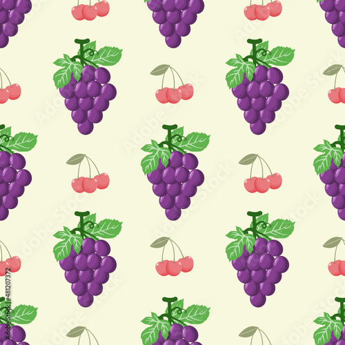 Fototapeta Naklejka Na Ścianę i Meble -  Fruit seamless pattern with grapes and cherry, cute seamless pattern vector illustration.