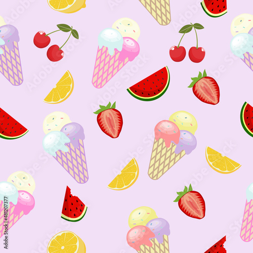 Fototapeta Naklejka Na Ścianę i Meble -  Fruit seamless pattern with ice cream, watermelon, lemon and cherry, cute seamless pattern vector illustration.