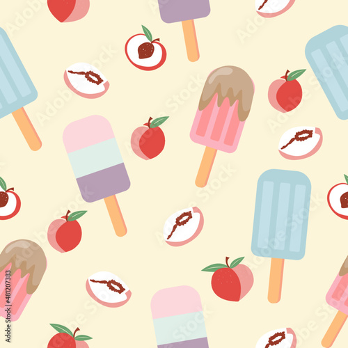 Fruit seamless pattern with ice cream and peach, cute seamless pattern vector illustration.