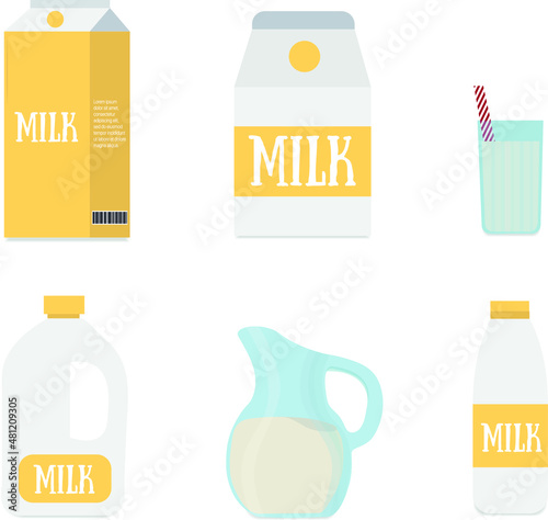 Set of dairy products for breakfast, milk, milkshake, milk in different packages, milk packaging mockup