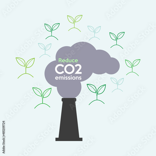 CO2 emission from industrial chimney surrounded with planting trees. Trees help to remove CO2 from the atmosphere concept. Vector illustration outline flat design style.