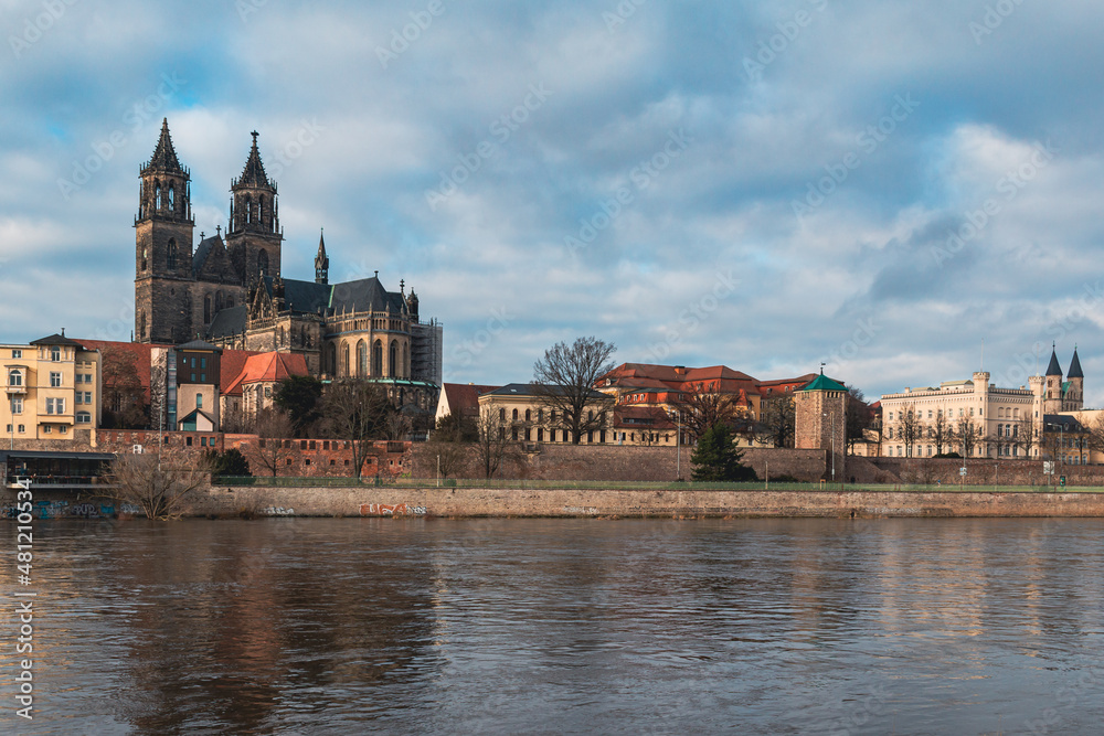 Magdeburg Cathedral across the Elbe River.