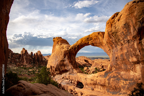 Double O Arch in Arches National Park in Utah, in the spring. A natural arch on the devils loop trail.