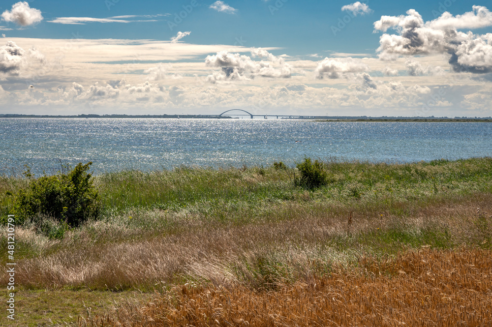 Blick auf den Fehmamrnsund mit der Fehmarnsundbrücke auf der Ostseeinsel Fehmarn im Sommer