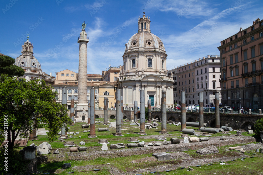 Trajan Forum (Traiani), Roman square ruins. Trajan's Column (Colonna Traiana) monument and the Church of the Most Holy Name of Mary (Santissimo Nome di Maria al Foro Traiano) in Rome, Italy.