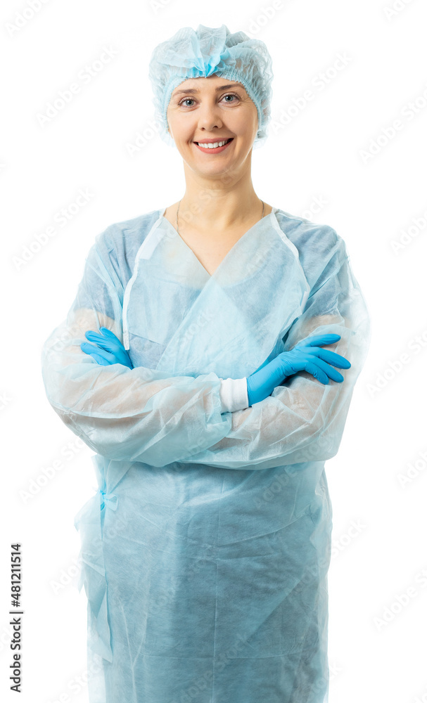 medical worker. portrait of a woman in sterile clothing, a nurse, a doctor in a dressing gown, hat, gloves look at us. isolated medical worker. portrait of a woman in sterile clothing, a nurse, a doctor in a dressing gown, hat, gloves look at us. isolated