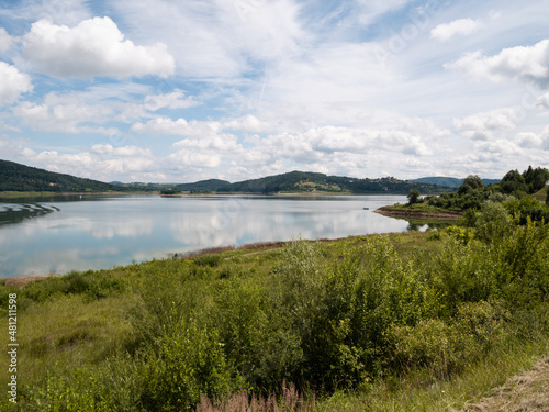 Lake Mucharz (Jezioro Mucharskie) reservoir landscape in Jaszczurowa – Jamnik, Świnna Poręba, Lesser Poland Voivodeship (Małopolskie).
