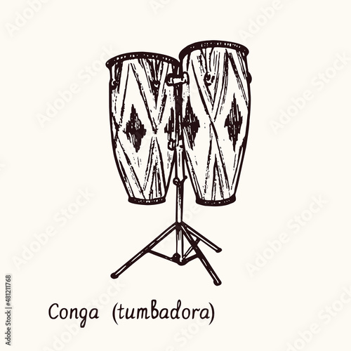 Conga (tumbadora). Ink black and white doodle drawing in woodcut style with inscription.