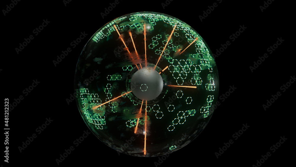 3d render Pulsating energy ball with neon green-orange lines