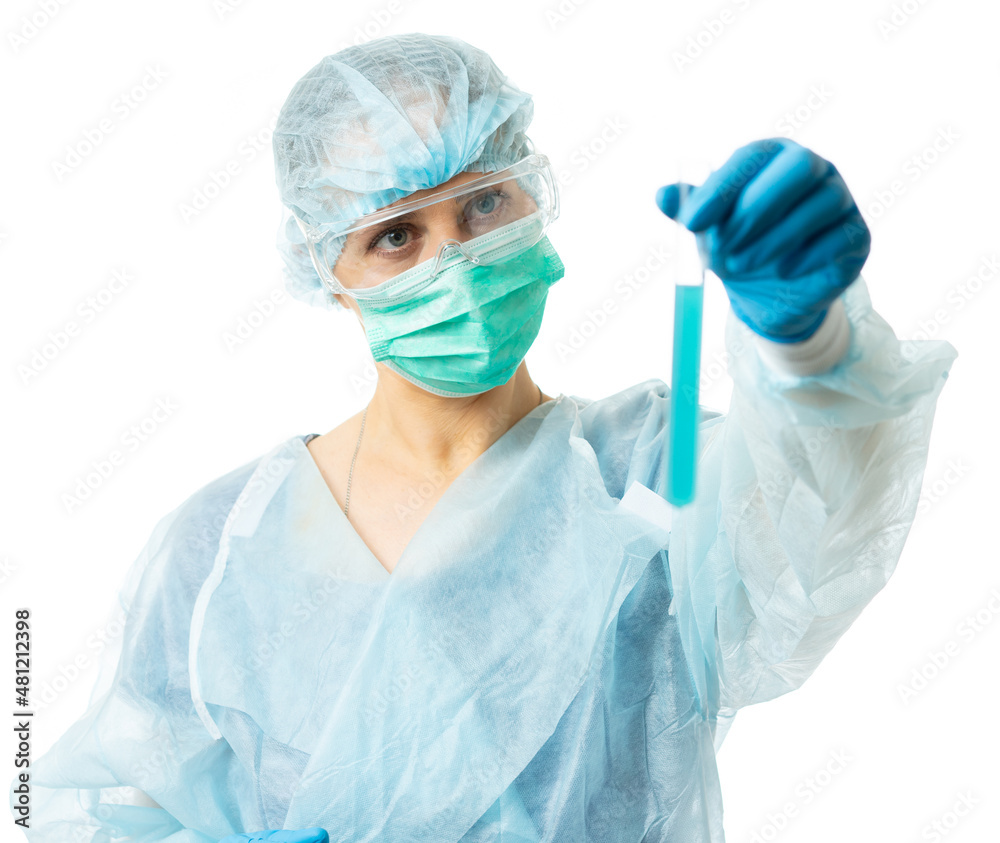 laboratory assistant, microbiologist, chemist, scientist holds a test tube with liquid. conducts research. isolated laboratory assistant, microbiologist, chemist, scientist holds a test tube with liquid. conducts research. isolated