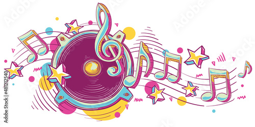 Colorful drawn loudspeaker with clef and notes - musical melody design
