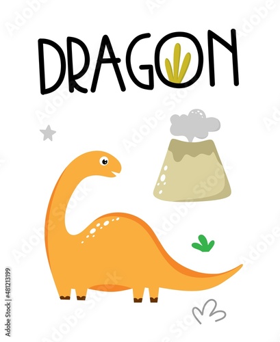 A postcard with a dragon with the inscription dragon in a hand-drawn cartoon style. For posters  postcards  cards. Vector illustration