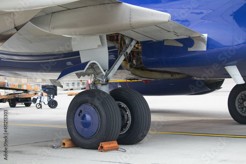 evocative close-up image of the rear wheels of a 737 aircraft 