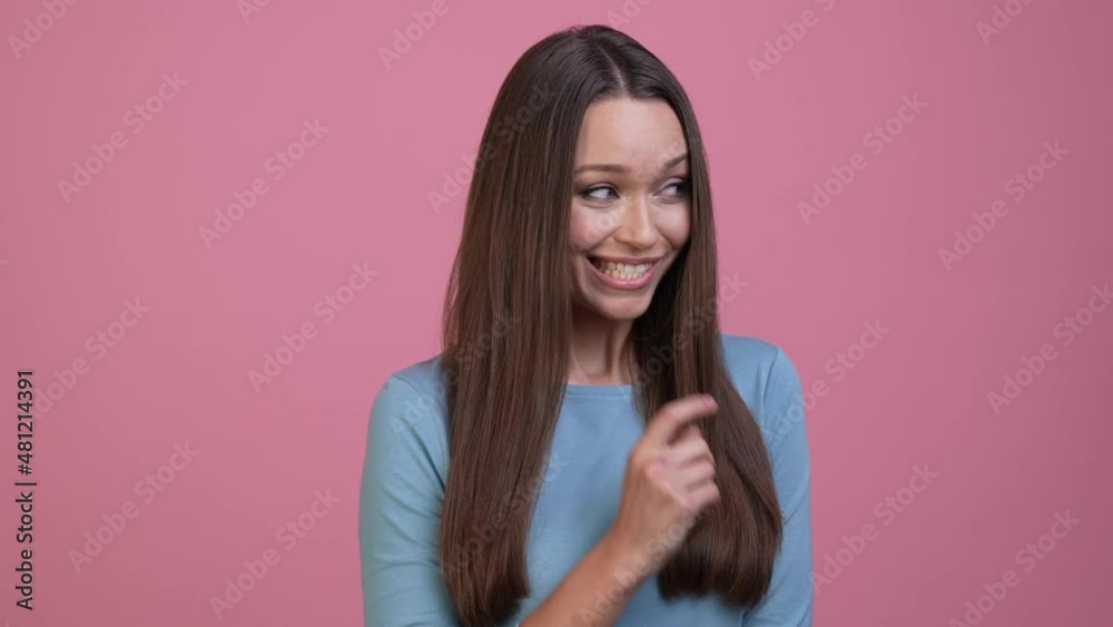 Tender lady feel shy boyfriend acquaintance isolated pastel color background