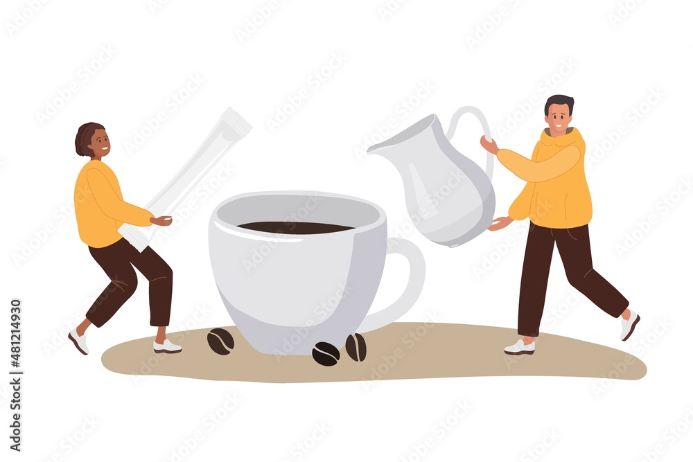 Tiny people cooking Coffee. Coffee mug, man holding creamer, woman