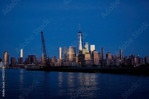 Lower Manhattan at Dusk Viewed from New Jersey with Crane in Foreground