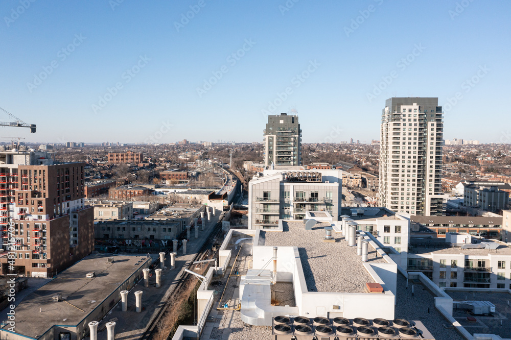West Toronto Lansdowne and Dupont Drone Views in the wintertime blue sky and condos and apartment buildings in the view West Toronto Lansdowne and Dupont Drone Views in the wintertime blue sky and condos and apartment buildings in the view