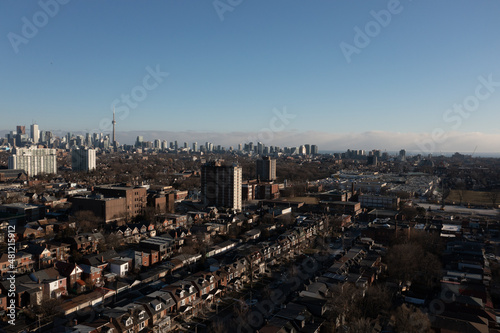 Downtown Toronto condos houses and buildings from Lansdowne and Dupont point of view in the air 