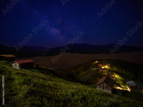 Night view of Pokut Plateau. Starry night and milky way. Night on the most famous plateau of the Black Sea. Camlihemsin - Rize - Turkey