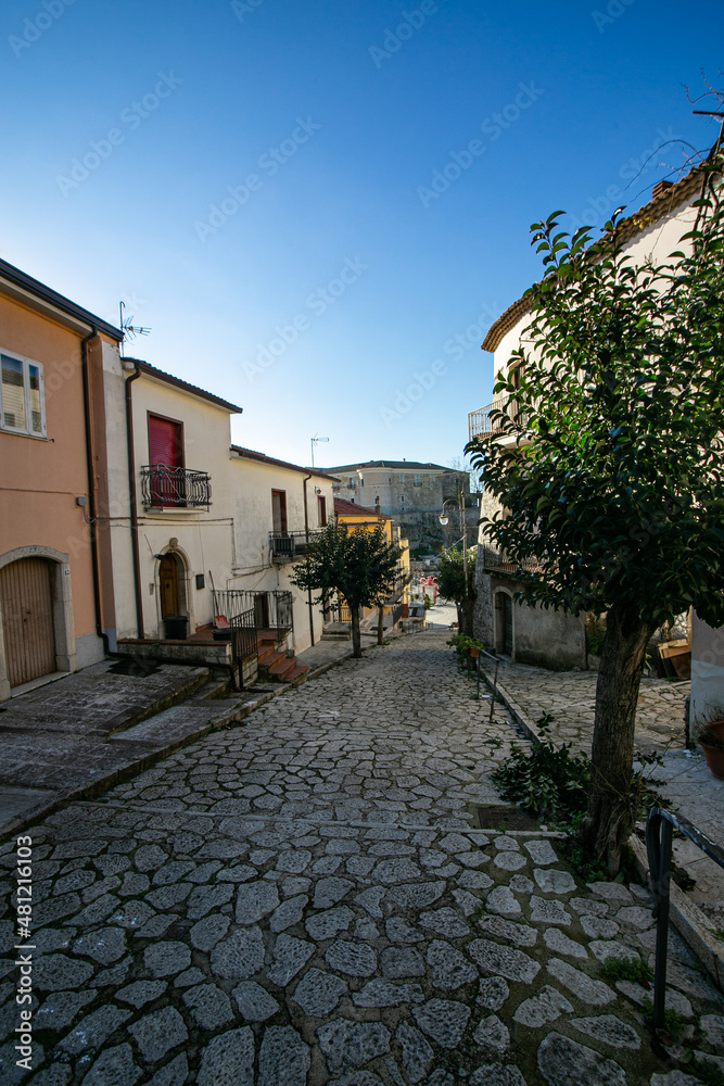 Gesualdo, Avellino, Campania, Italy: downtown street with castle in the background Gesualdo, Avellino, Campania, Italy: downtown street with castle in the background