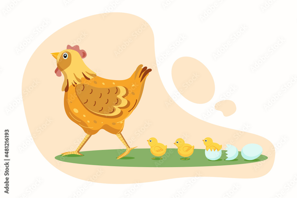 Fototapeta premium Hen, chickens and eggs. Vector flat illustration. Easter.