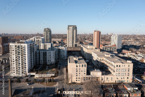 West Toronto Lansdowne and Dupont Drone Views in the wintertime blue sky and condos and apartment buildings in the view 