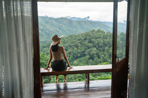 Free Download Happy traveller asian woman in nature with mountain in morning - GFXLoad
