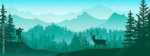 Photographer on meadow in forest take picture of deer. Silhouette of tree, man, animal, mountains. Wild nature landscape. Horizontal banner.