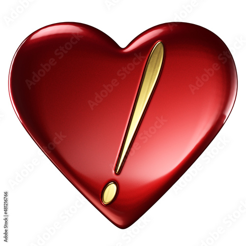 Heart, red glossy, gold exclamation mark embedded