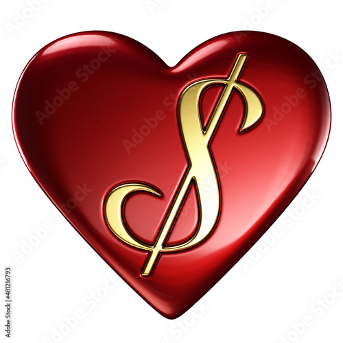 Heart, red glossy, gold dollar sign embedded