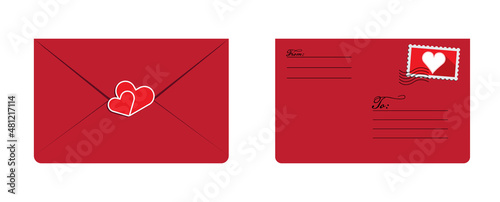 Love letter envelope, stamp and hearts vector design. Valentines day red letter background design. Love letter concept design to use for wedding cards, romantic design projects.