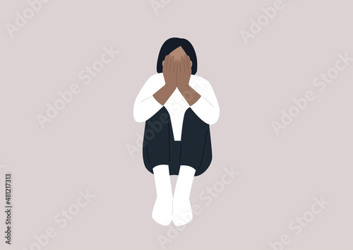 A young female character covering their face with hands, a desperate situation, stress and anxiety, mental health issues
