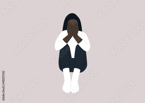A young female African character covering their face with hands, a desperate situation, racism, stress and anxiety, mental health issues