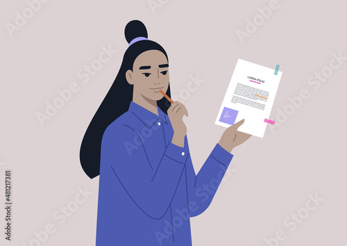 A young puzzled female Asian character biting a pen and editing a text