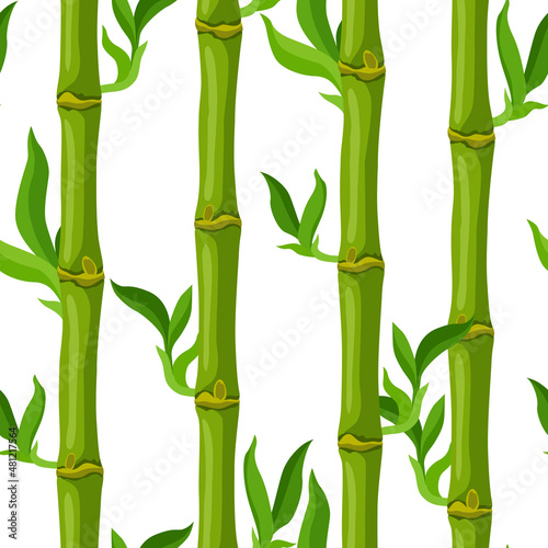 Fototapeta Naklejka Na Ścianę i Meble -  Seamless pattern with green bamboo stems and leaves. Decorative exotic plants of tropic jungle.