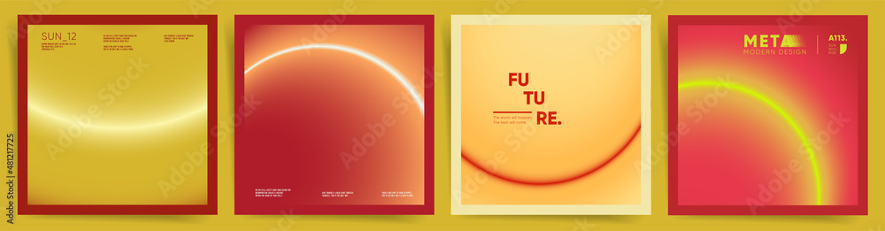 Fototapeta premium Neon modern art square cover design. Social media square post template with science, space blurry red gradient. Circular radial gradient layout template design set for poster, post, banners. Vector. 